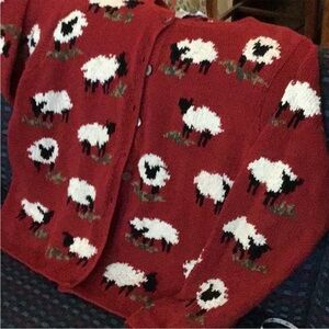 ISO - DO NOT BUY - DISO vintage Talbots sheep lamb cardigan sweater red L or XL